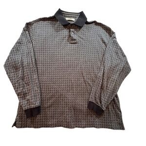 Turnbury Mens Long Sleeve Houndstooth Polo Shirt Black Grey 100% Cotton Large